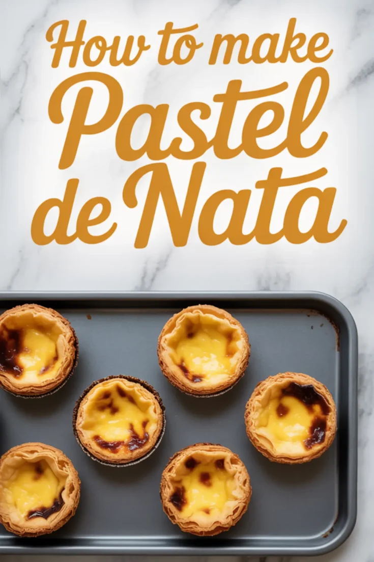 Pinterest vertical image with text “How to make Pastel de Nata” above a tray of golden, lightly scorched Portuguese custard tarts on a white marble surface.