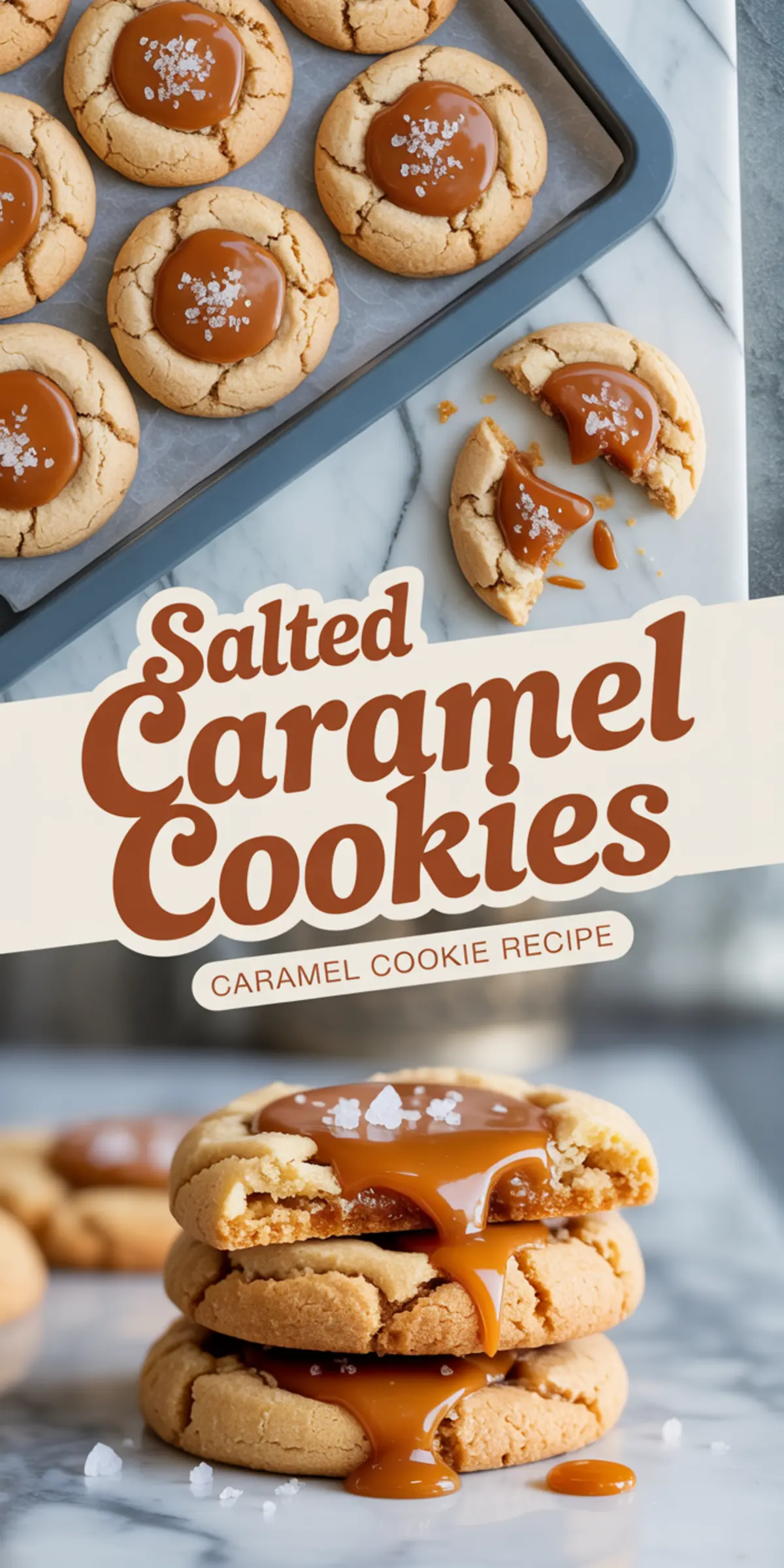 Collage featuring two views of salted caramel cookies with glossy caramel centers sprinkled with sea salt, including a bite shot showing gooey caramel filling and a stack of cookies with caramel oozing out.
