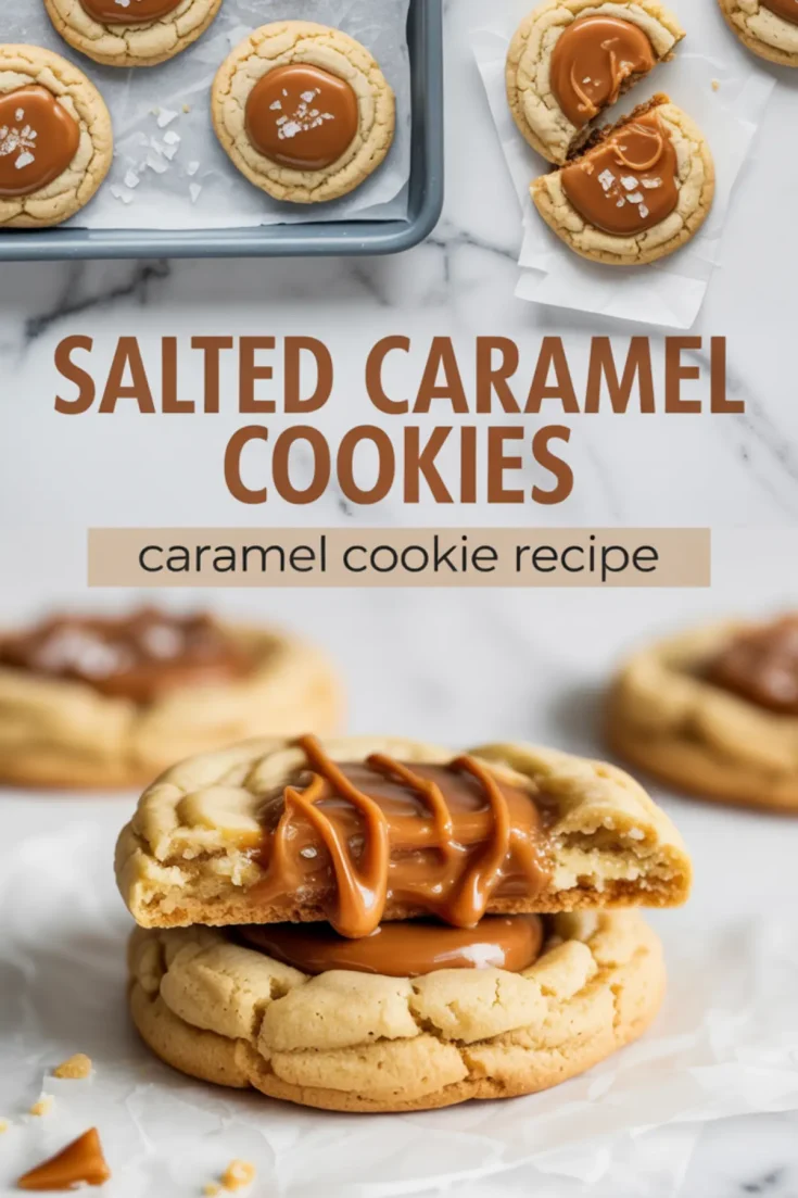 Collage of caramel cookies on a baking tray and a close-up of a broken cookie revealing soft, drippy caramel center, with text overlay reading “Salted Caramel Cookies – Caramel Cookie Recipe”.