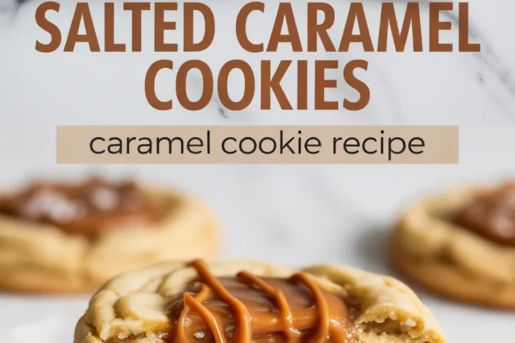 Collage of caramel cookies on a baking tray and a close-up of a broken cookie revealing soft, drippy caramel center, with text overlay reading “Salted Caramel Cookies – Caramel Cookie Recipe”.