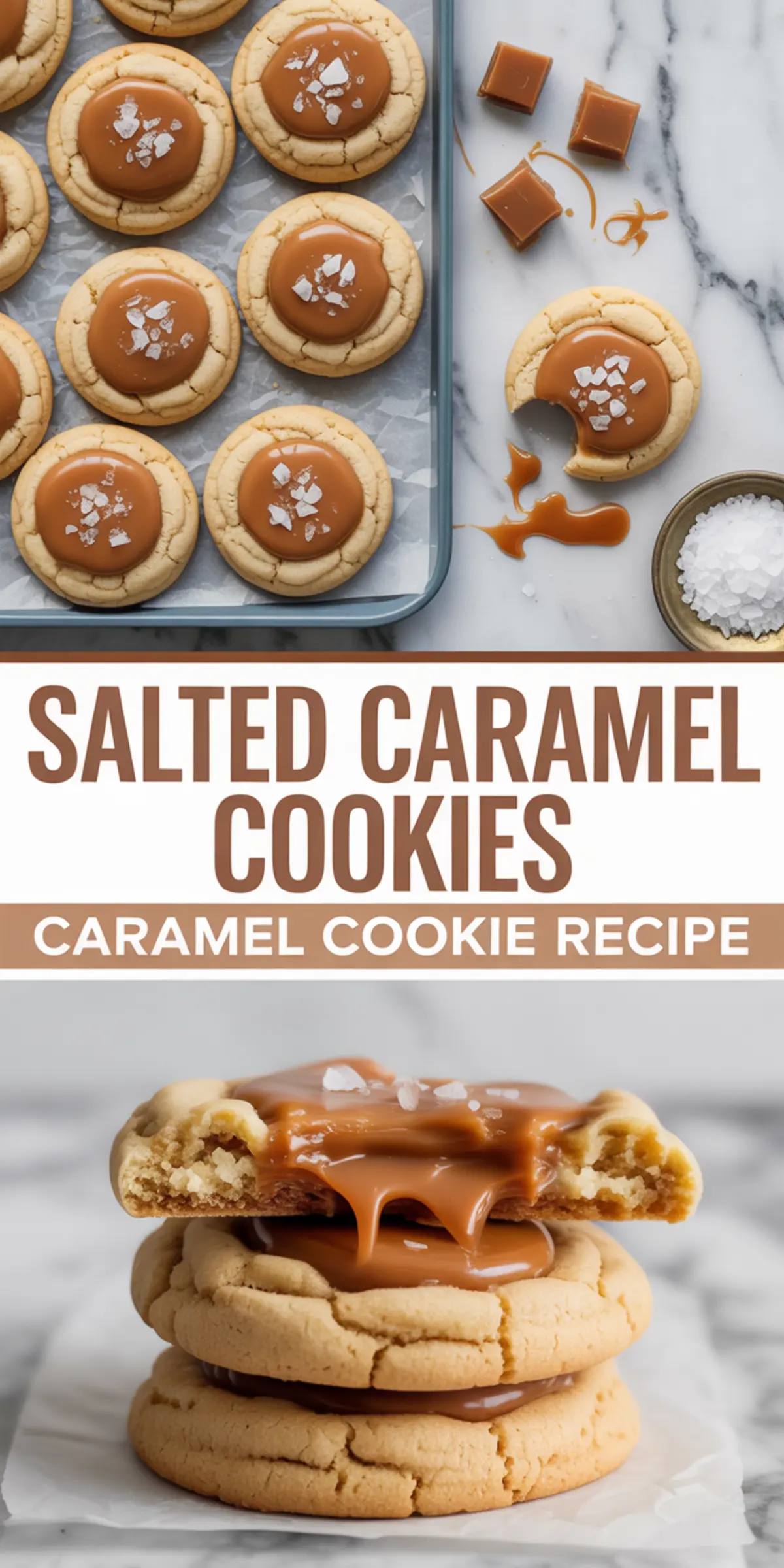 Collage showing a tray of caramel-filled cookies topped with sea salt, scattered caramel pieces, and a stack of cookies with a gooey caramel bite, with text overlay “Salted Caramel Cookies – Caramel Cookie Recipe”.