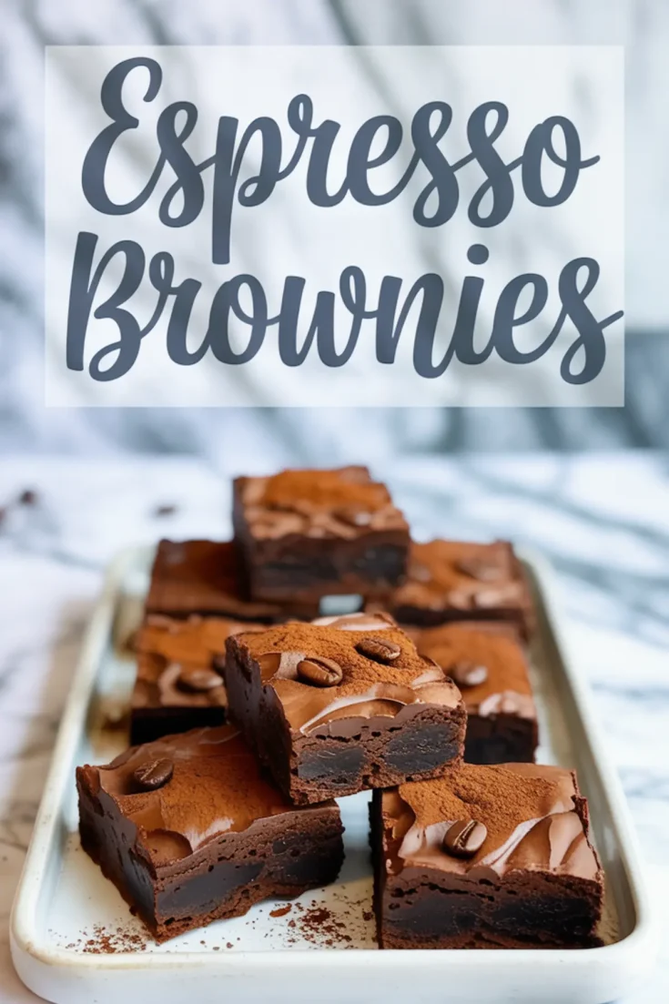 Tray of rich espresso brownies topped with cocoa powder and coffee beans. Text overlay reads “Espresso Brownies.”