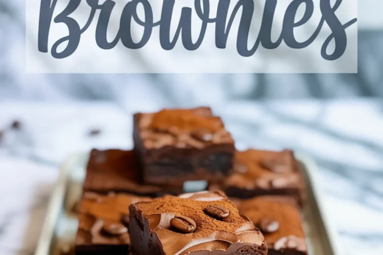 Tray of rich espresso brownies topped with cocoa powder and coffee beans. Text overlay reads “Espresso Brownies.”