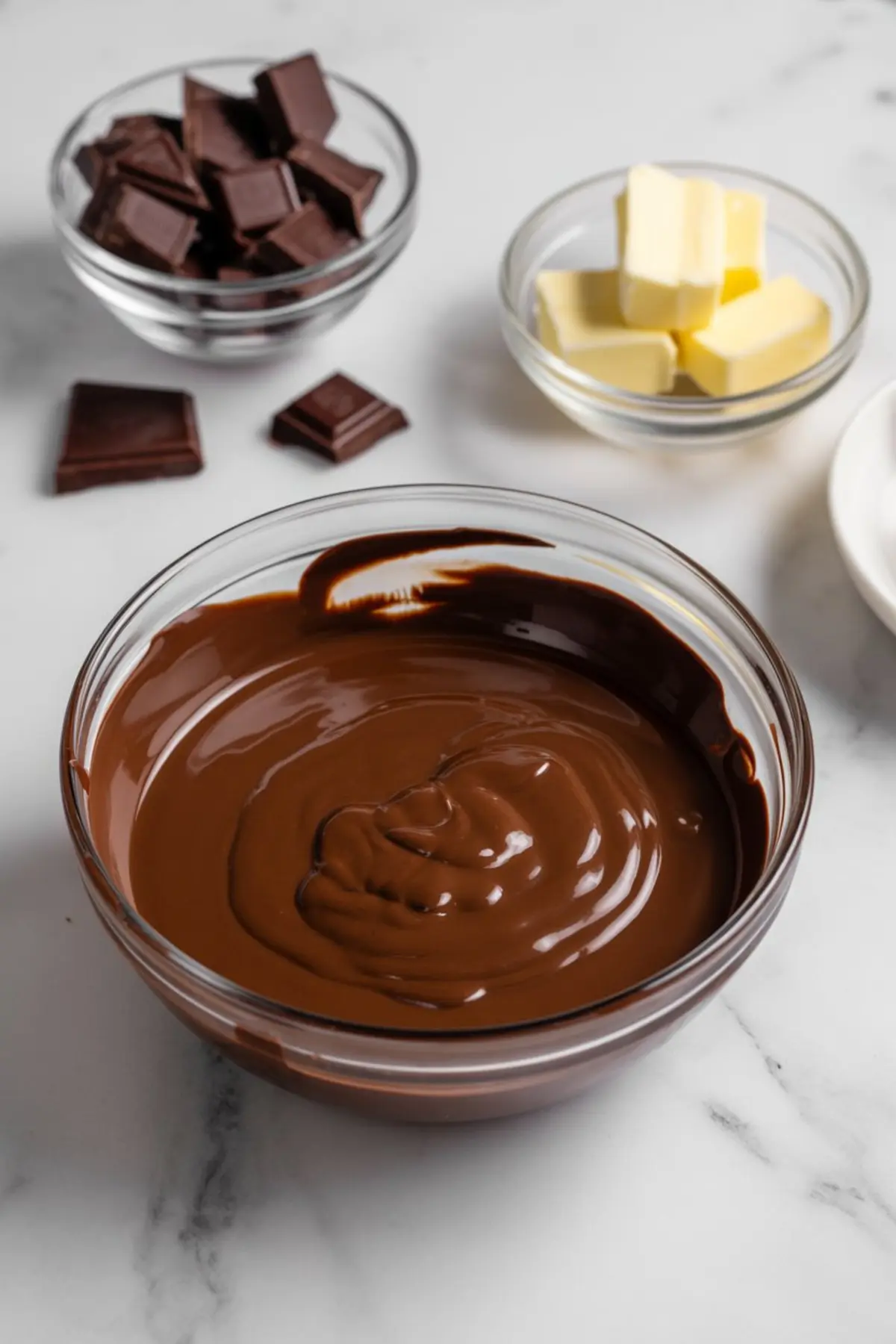 Glass bowl of melted chocolate with butter cubes and chocolate chunks in small bowls on a marble surface.
