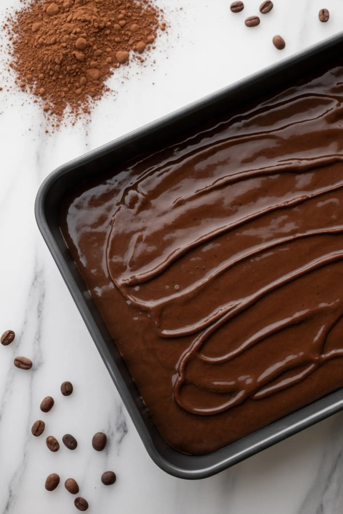 Baking pan filled with glossy chocolate espresso brownie batter, surrounded by cocoa powder and coffee beans.