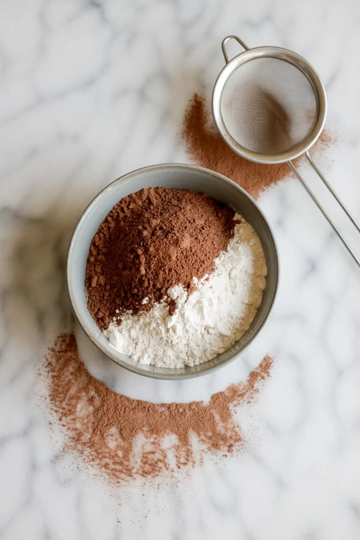 Bowl of sifted cocoa powder and flour with a metal sieve on a marble surface.
