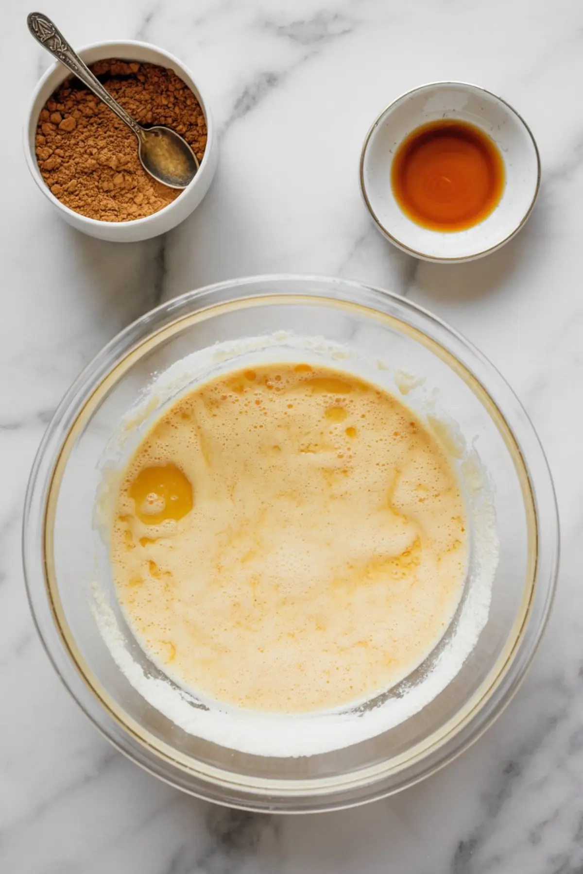 Mixing bowl of beaten eggs and sugar with small bowls of cocoa powder and vanilla extract on the side.