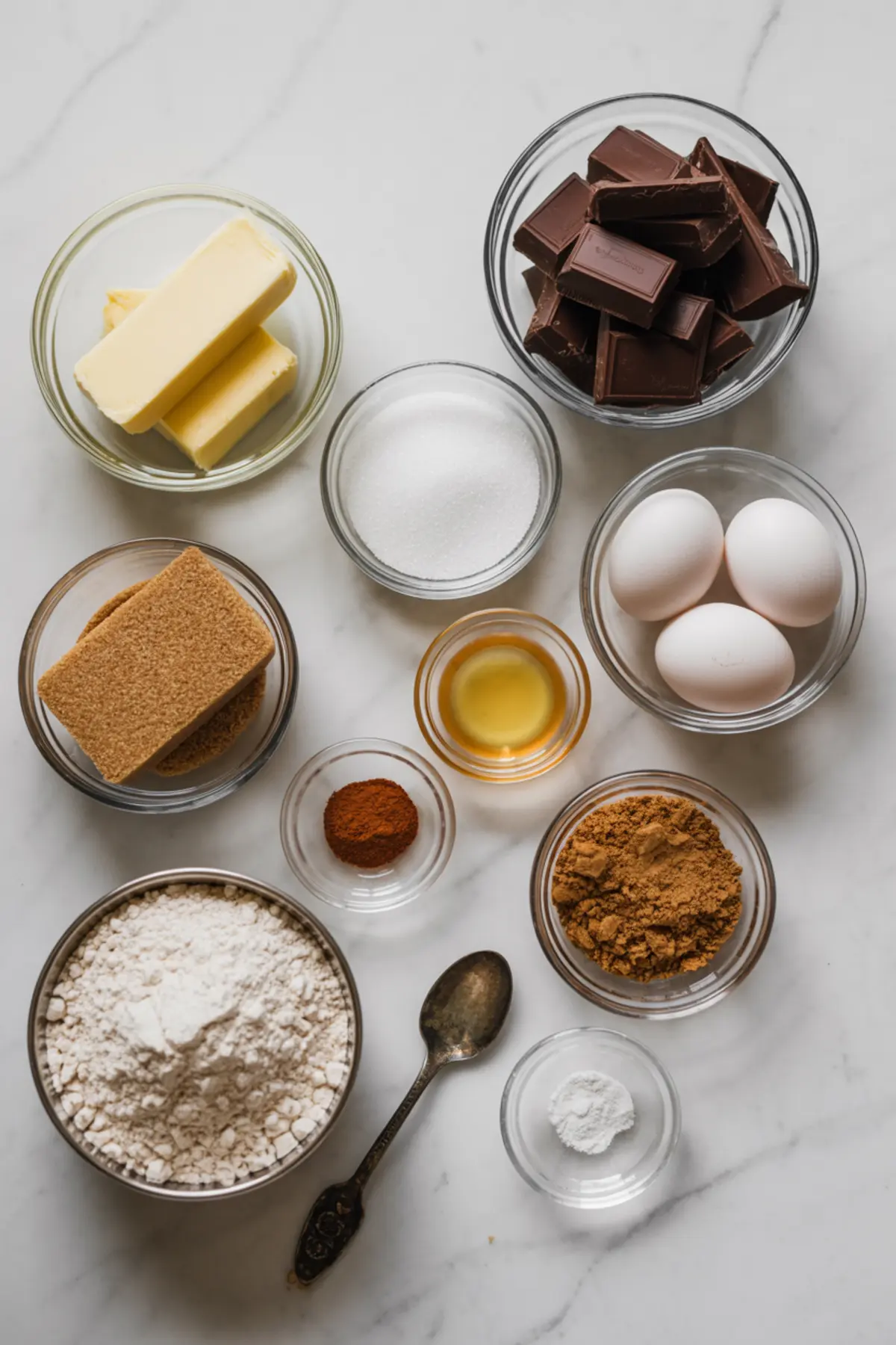 Overhead view of espresso brownie ingredients including butter, chocolate chunks, eggs, sugar, brown sugar, cocoa powder, flour, vanilla, baking powder, and cinnamon in glass bowls.