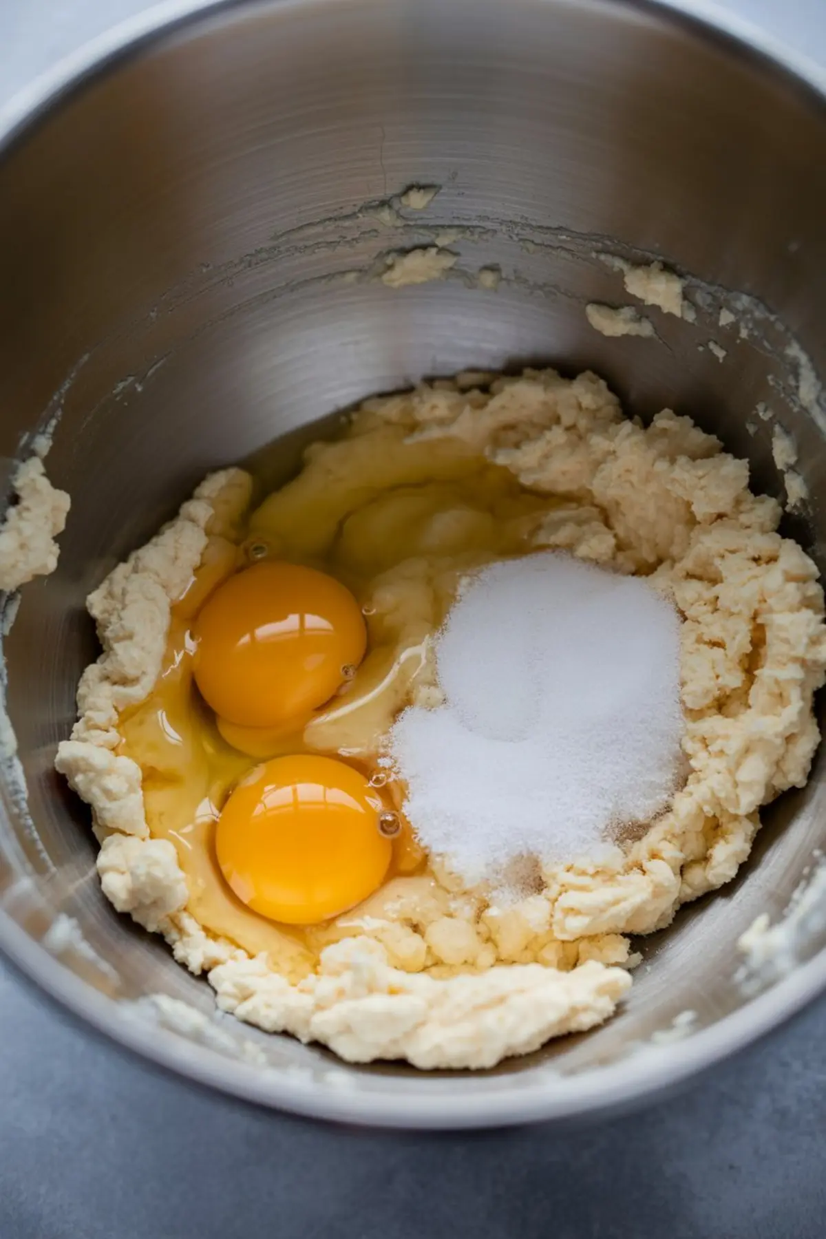 Two raw eggs and granulated sugar added to creamed butter mixture in a metal mixing bowl, highlighting the wet ingredients stage of cookie dough preparation.
