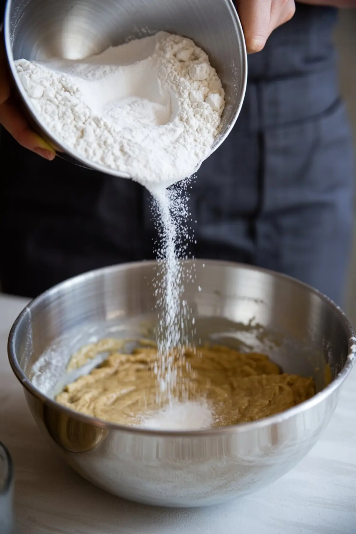 Flour being poured from a metal bowl into a mixing bowl with cookie dough batter, showing a close-up of the baking process for homemade cookies or cake.
