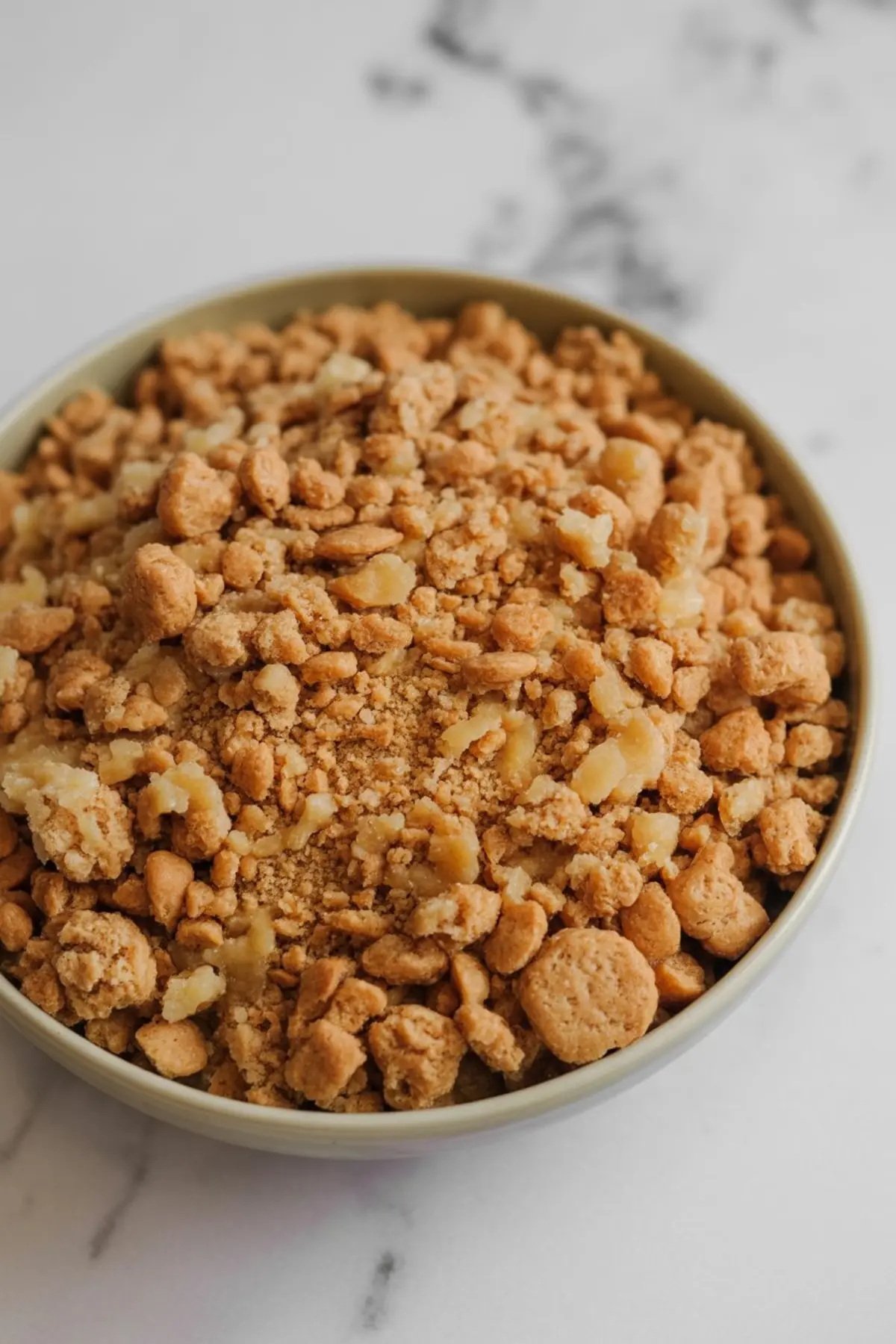 Crushed cookies and chopped nuts in a beige bowl on a marble surface, used as a crunchy mix-in or topping for cookie cake or dessert bars.
