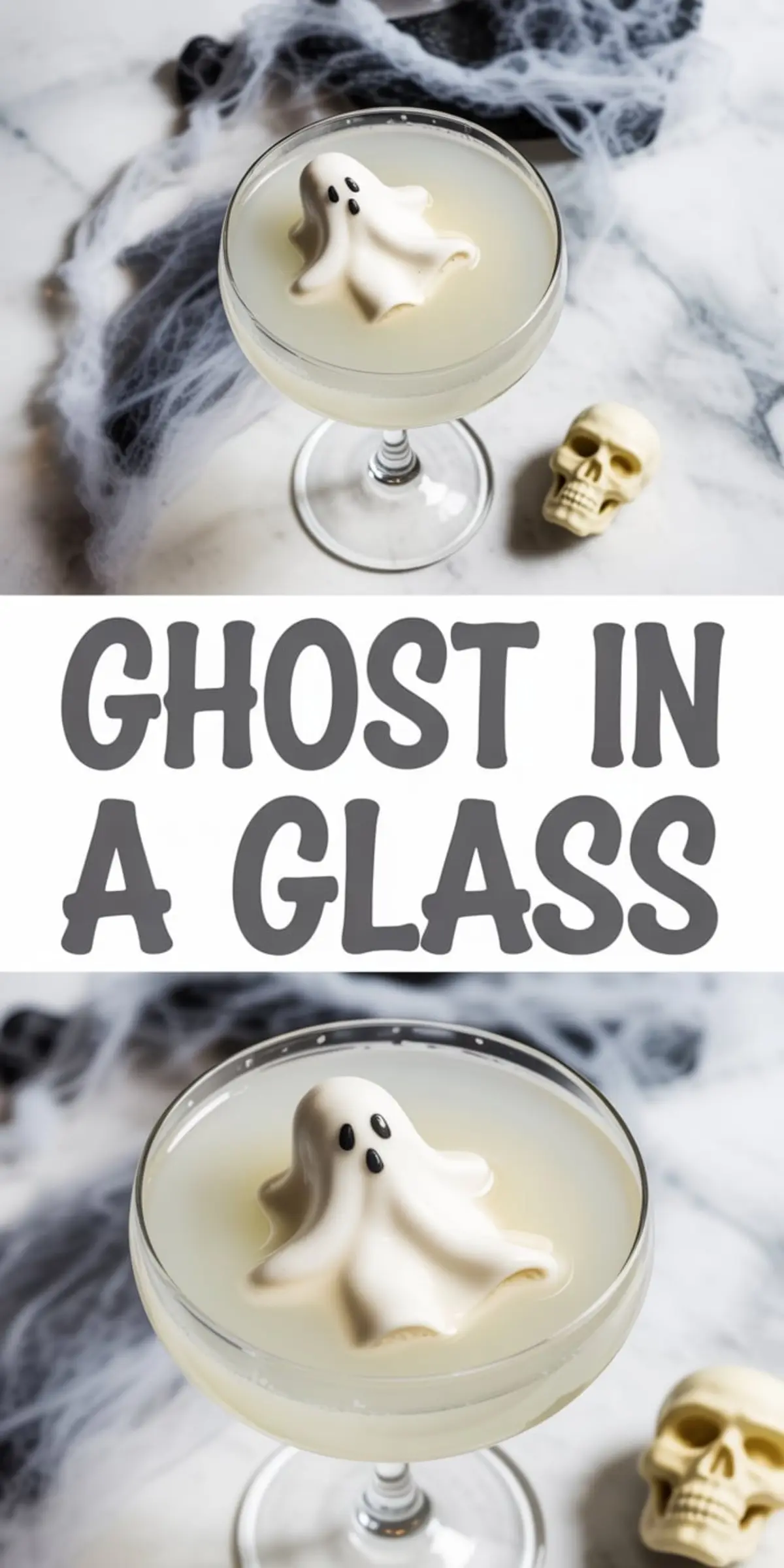 Creative Halloween drink featuring a creamy cocktail topped with a ghost-shaped meringue, surrounded by faux cobwebs and a skull prop for eerie holiday aesthetic.