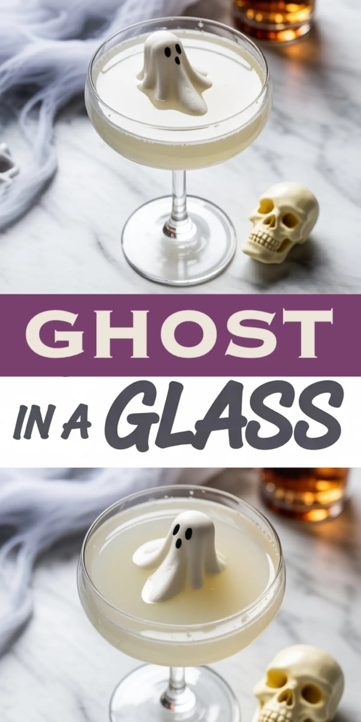 Halloween cocktail served in a coupe glass with a floating meringue ghost garnish, styled on a marble surface with a decorative skull and spooky cobwebs for a festive drink display.