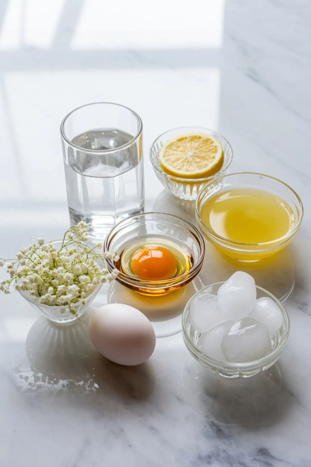 Flat lay of cocktail ingredients on a marble counter, including a whole egg, cracked egg yolk in a bowl, lemon juice, ice cubes, simple syrup, water, and fresh white flowers for garnish.