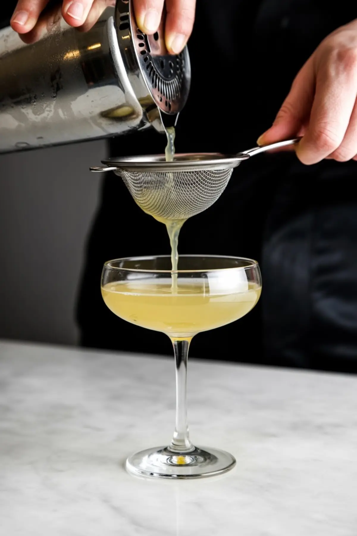 Bartender straining a pale yellow cocktail into a coupe glass using a cocktail shaker and fine mesh strainer on a marble counter, showcasing drink preparation in progress.