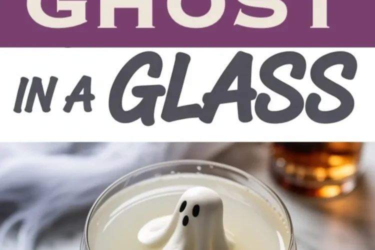 Halloween-themed cocktail in a coupe glass topped with a cute ghost meringue decoration, placed beside a plastic skull and layered with ghostly decor for spooky party vibes.