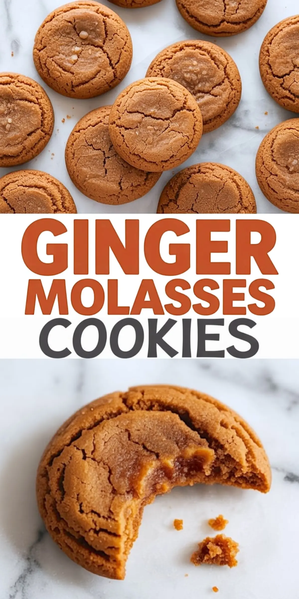 Overhead collage showing freshly baked ginger molasses cookies on marble, with a bite-revealing soft cookie interior and a bold text graphic in the center.
