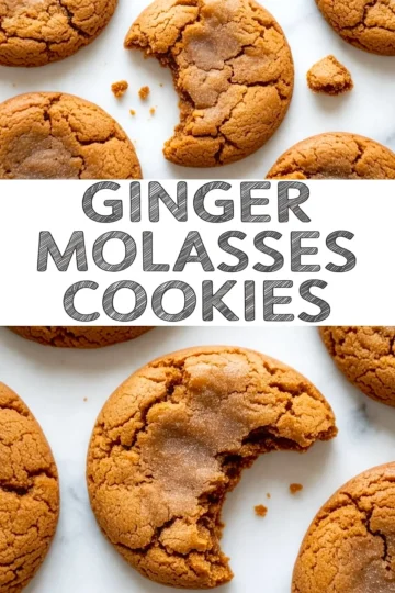Top-down view of cracked ginger molasses cookies on a marble background, with two cookies partially eaten and a bold text overlay reading “Ginger Molasses Cookies.”