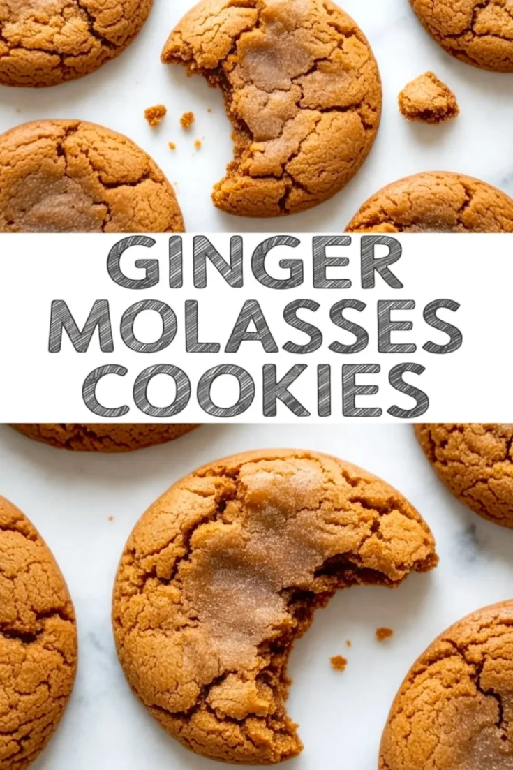 Top-down view of cracked ginger molasses cookies on a marble background, with two cookies partially eaten and a bold text overlay reading “Ginger Molasses Cookies.”