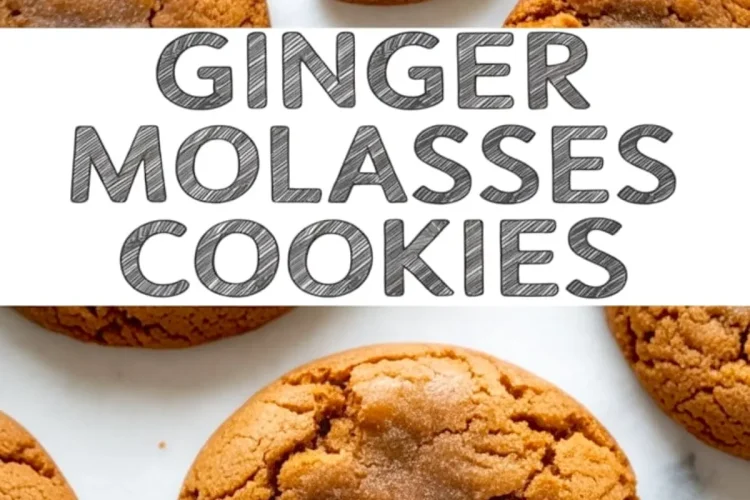 Top-down view of cracked ginger molasses cookies on a marble background, with two cookies partially eaten and a bold text overlay reading “Ginger Molasses Cookies.”