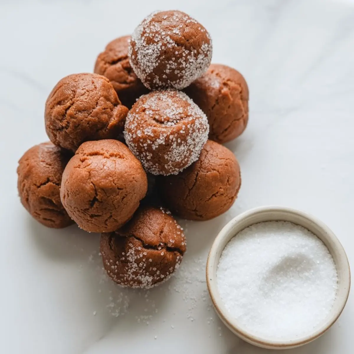Stack of unbaked ginger molasses cookie dough balls, some coated in granulated sugar, placed beside a small ceramic bowl filled with white sugar on a marble surface.
