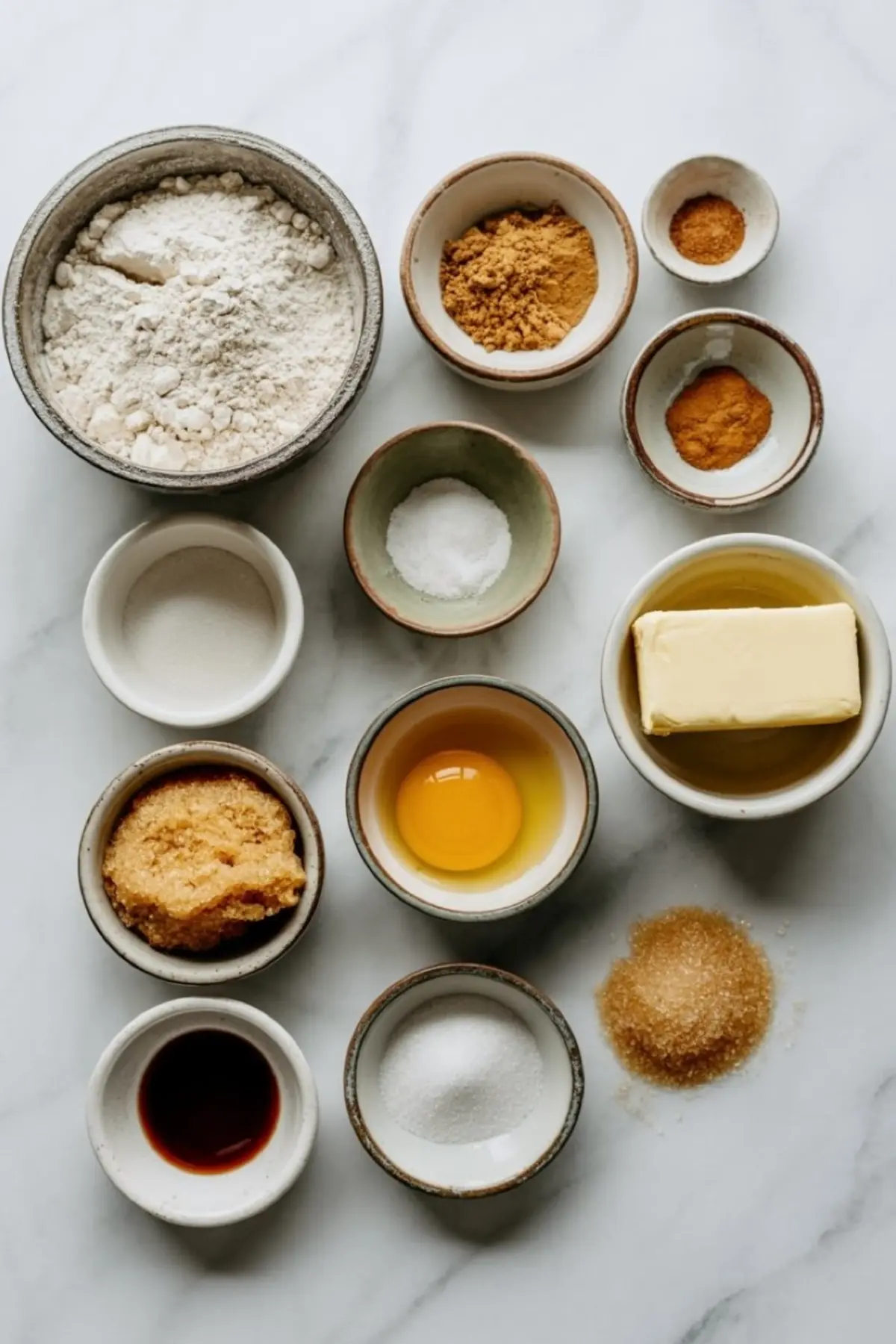 Flat lay of ginger molasses cookie ingredients arranged in ceramic bowls, including flour, butter, molasses, egg, brown sugar, vanilla extract, baking soda, and spices like cinnamon, ginger, and cloves.
