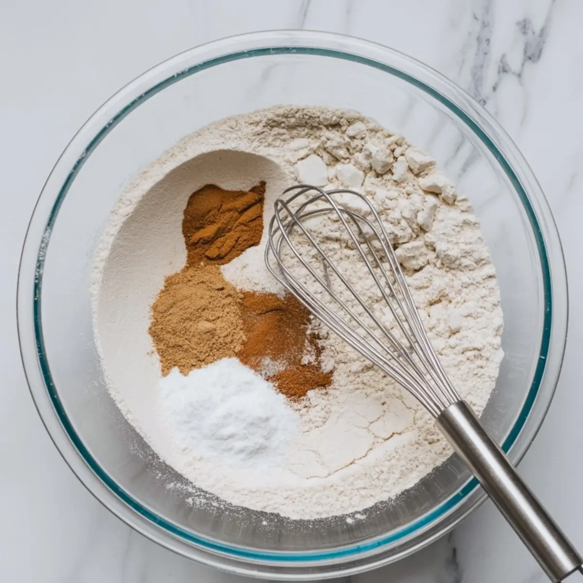 Large glass bowl filled with flour, baking soda, ground cinnamon, ginger, and cloves, with a metal whisk resting inside, ready to mix dry ingredients for cookies.
