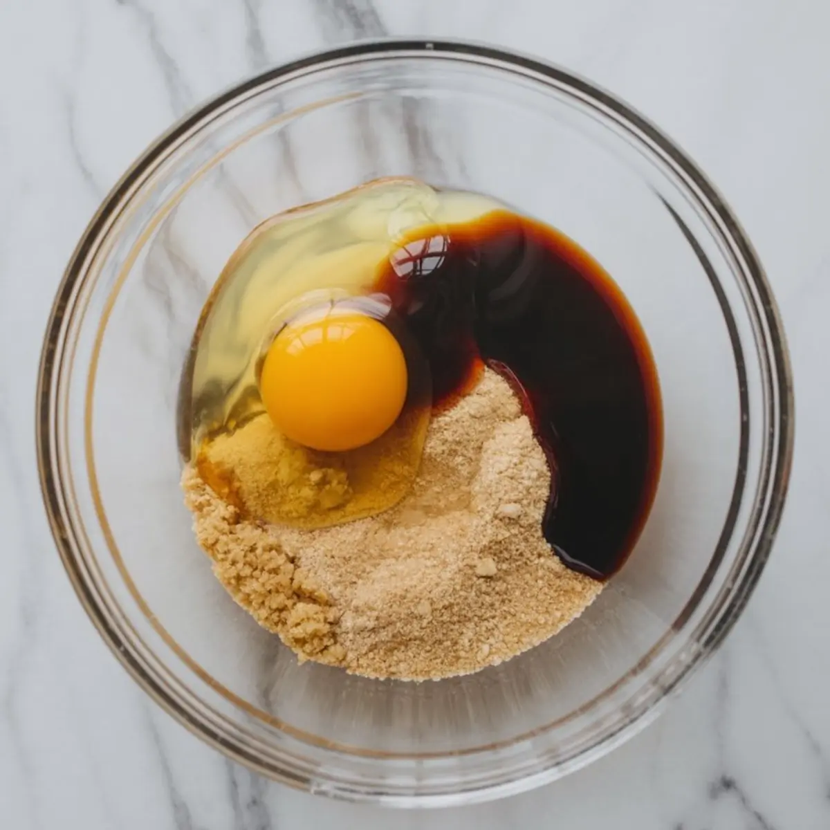 Glass mixing bowl with egg, molasses, and brown sugar sitting atop dry ingredients, ready for blending in ginger molasses cookie preparation.
