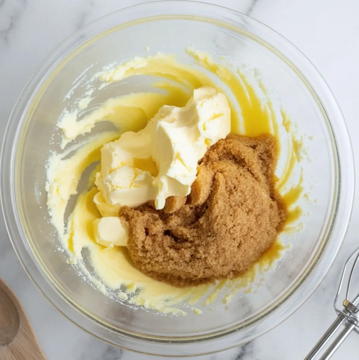 Creamed butter and brown sugar mixture in a clear bowl, partially whipped with an electric beater, as part of the ginger molasses cookie dough-making process.
