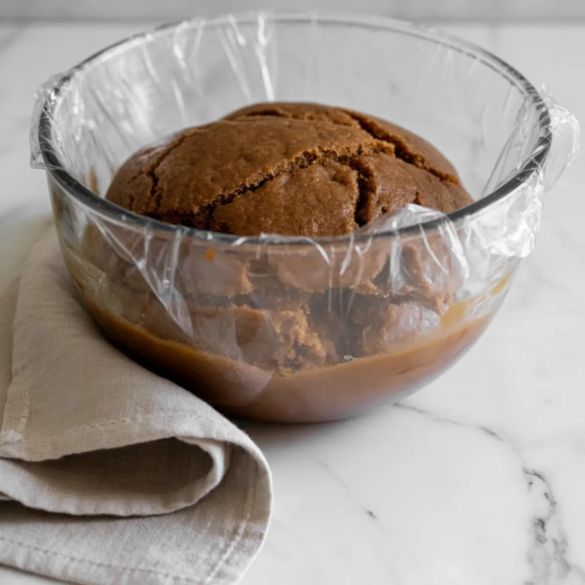 Ginger molasses cookie dough chilling in a glass bowl covered with plastic wrap, resting on a neutral linen cloth on a marble countertop.
