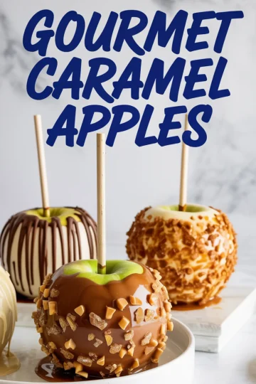 Gourmet caramel apples coated with chopped candy and chocolate drizzle, styled under bold text reading “Gourmet Caramel Apples.”