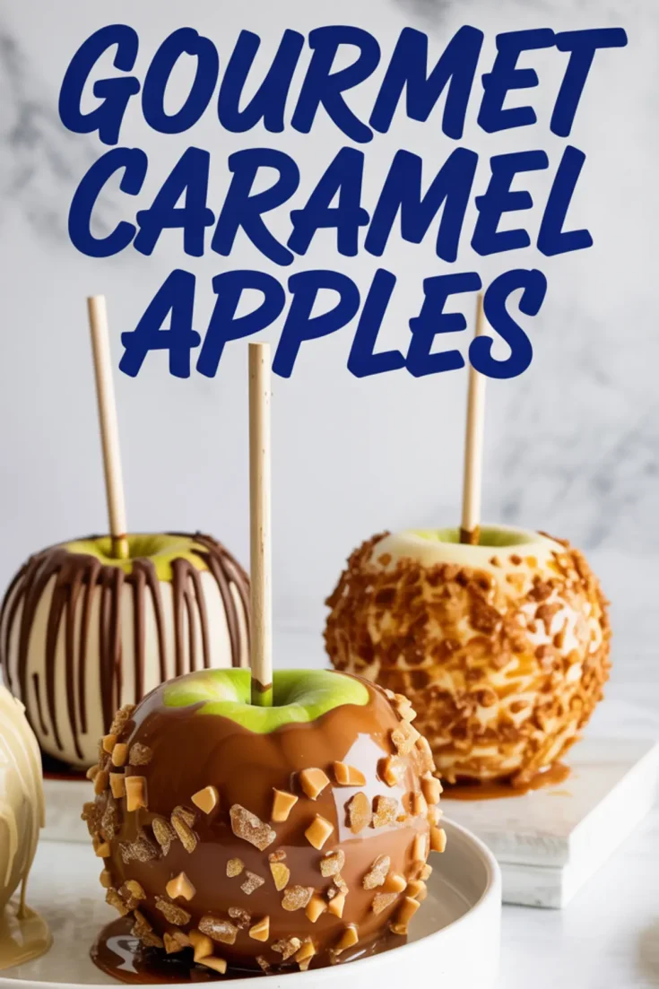 Gourmet caramel apples coated with chopped candy and chocolate drizzle, styled under bold text reading “Gourmet Caramel Apples.”