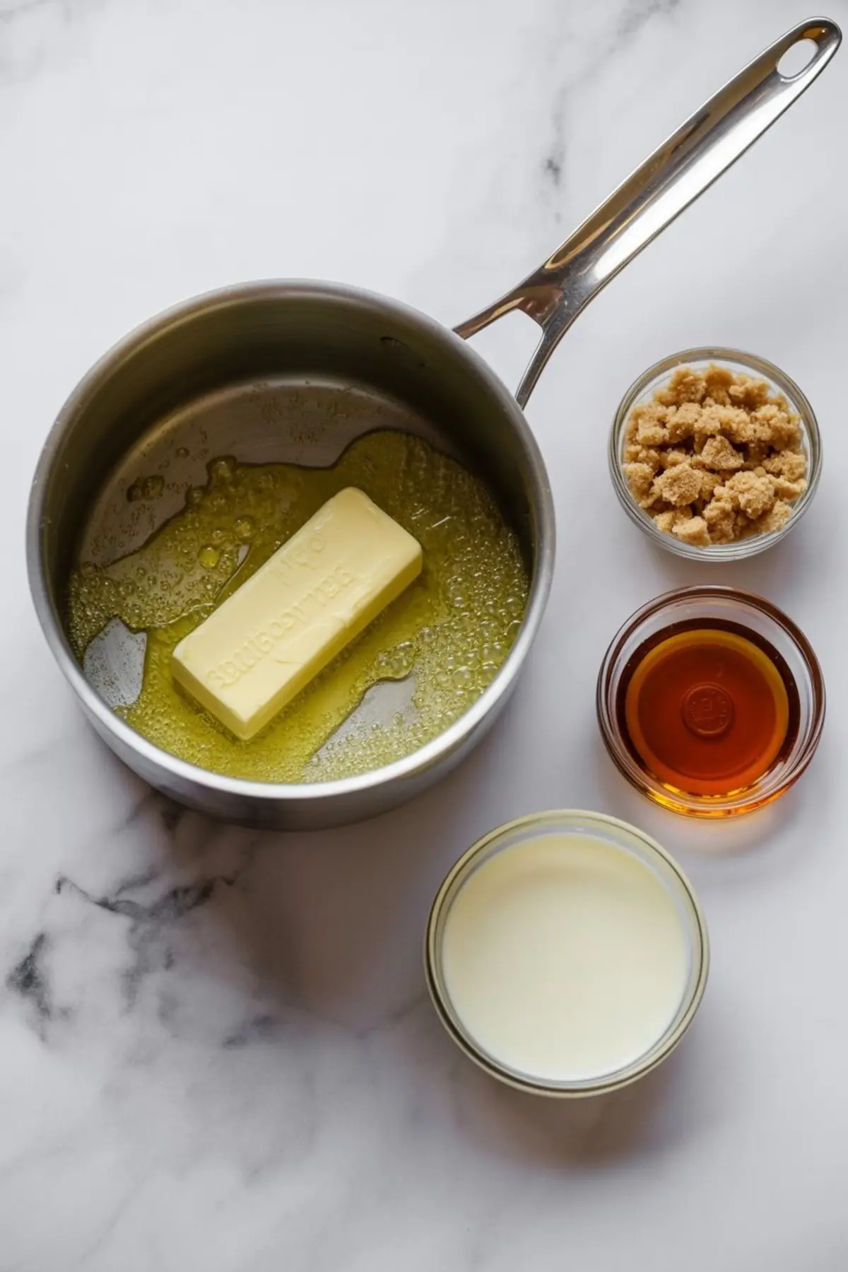 Caramel apple ingredients including melted butter in a saucepan, brown sugar, heavy cream, and maple syrup arranged on a marble surface.