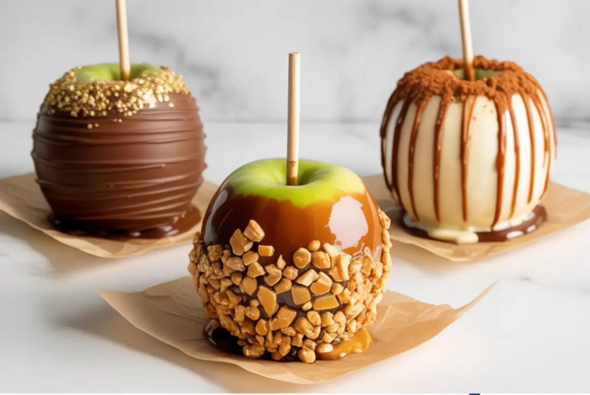 Trio of gourmet caramel apples coated in chocolate, toffee bits, and white chocolate drizzle with cookie crumbs, placed on parchment squares over a white surface.