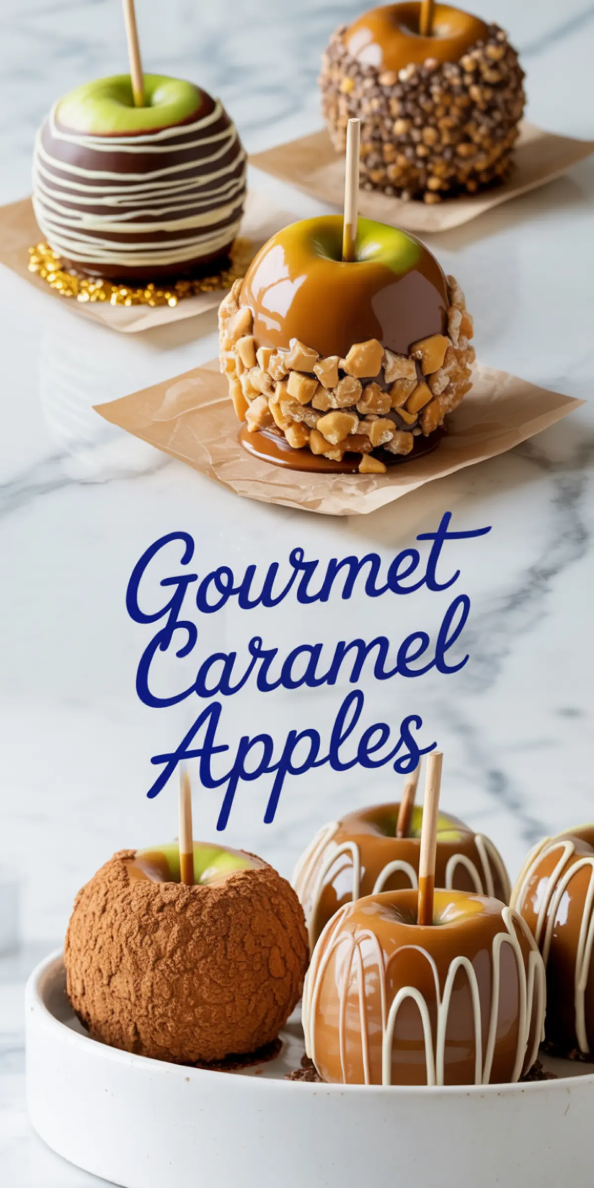 Gourmet caramel apples decorated with chocolate drizzle, crushed nuts, mini chips, cocoa powder, and white chocolate, displayed on parchment paper and ceramic tray.