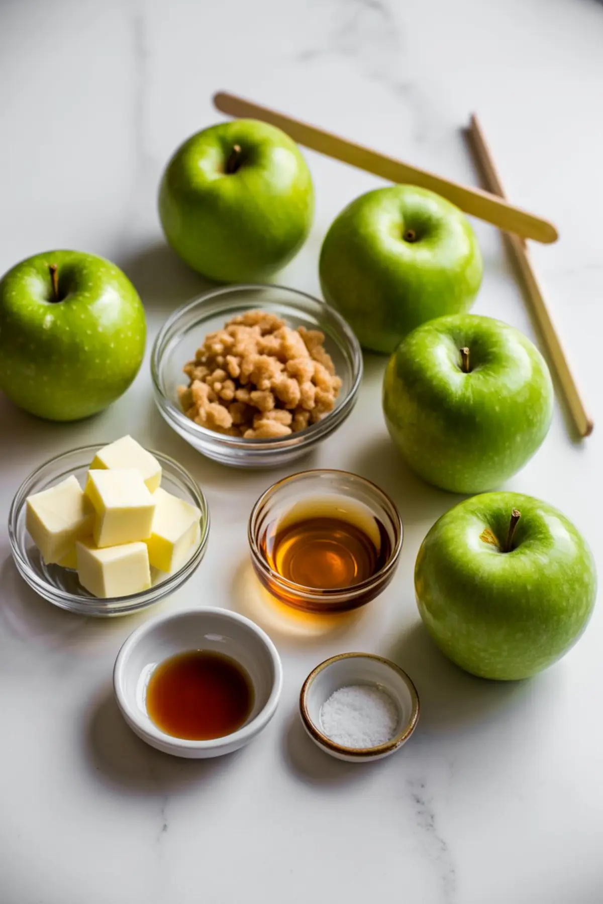 Granny Smith apples arranged with caramel apple ingredients including cubed butter, brown sugar, heavy cream, vanilla, salt, and sticks for dipping.