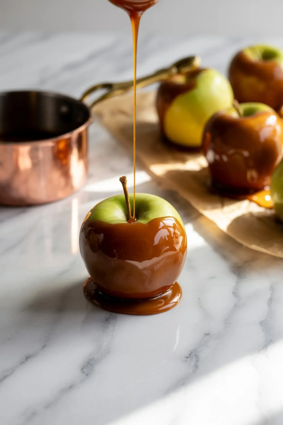 Close-up of a green apple being coated in warm caramel, with sauce dripping over the sides and pooling at the base on a marble surface.