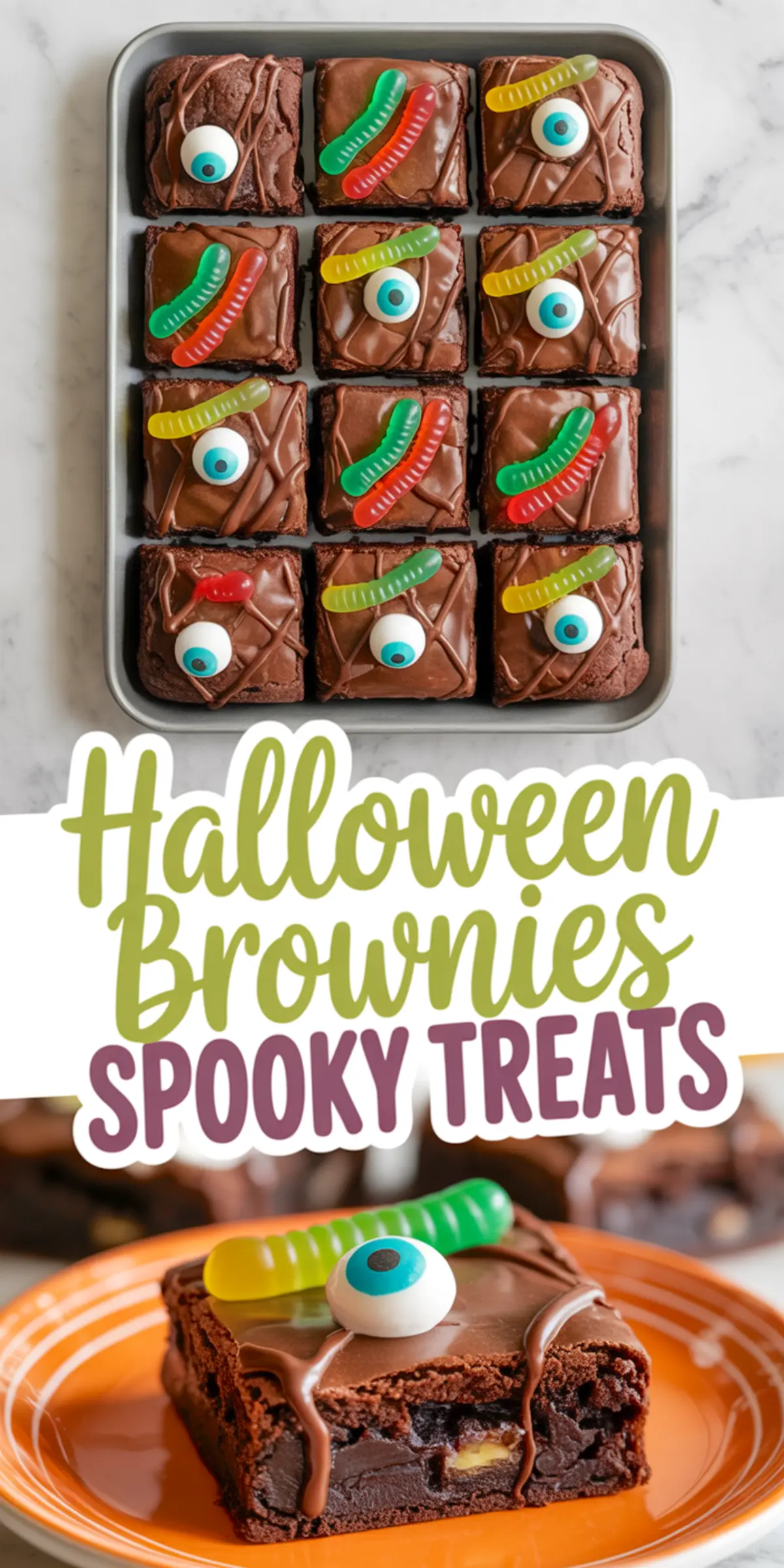 Tray of spooky Halloween brownies topped with candy eyes and colorful gummy worms, paired with a close-up of a brownie on an orange plate and overlay text reading “Halloween Brownies Spooky Treats.”
