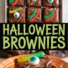 Halloween brownies decorated with gummy worms and candy eyeballs, featuring a top view of a metal pan with twelve decorated brownies and a close-up of a single brownie on an orange plate with dripping chocolate ganache.