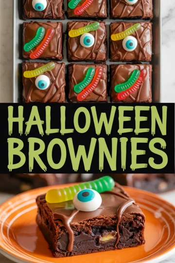 Halloween brownies decorated with gummy worms and candy eyeballs, featuring a top view of a metal pan with twelve decorated brownies and a close-up of a single brownie on an orange plate with dripping chocolate ganache.