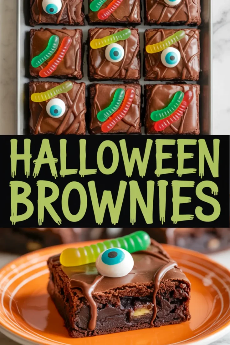 Halloween brownies decorated with gummy worms and candy eyeballs, featuring a top view of a metal pan with twelve decorated brownies and a close-up of a single brownie on an orange plate with dripping chocolate ganache.