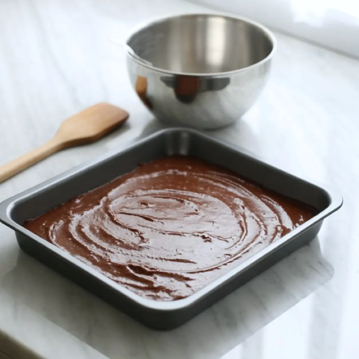 Metal baking pan filled with freshly mixed chocolate brownie batter resting on a marble countertop, next to a stainless steel mixing bowl and wooden spatula.

