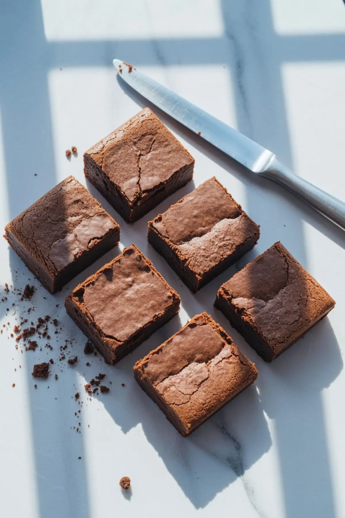 Six square chocolate brownies with crackly tops arranged on a white surface, with a silver knife and scattered crumbs in natural sunlight.
