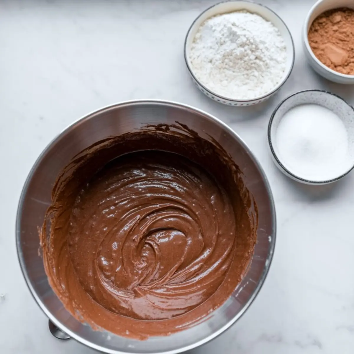 Large metal mixing bowl containing rich chocolate brownie batter on a marble counter, with bowls of flour, cocoa powder, and sugar placed nearby.
