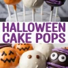 Collage image showing a close-up of Halloween cake pops decorated as pumpkins, ghosts, and mummies with the text “Halloween Cake Pops” in bold purple letters across the center.