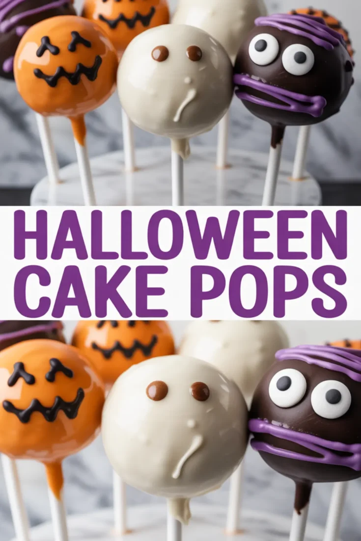 Collage image showing a close-up of Halloween cake pops decorated as pumpkins, ghosts, and mummies with the text “Halloween Cake Pops” in bold purple letters across the center.