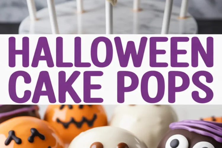 Collage image showing a close-up of Halloween cake pops decorated as pumpkins, ghosts, and mummies with the text “Halloween Cake Pops” in bold purple letters across the center.