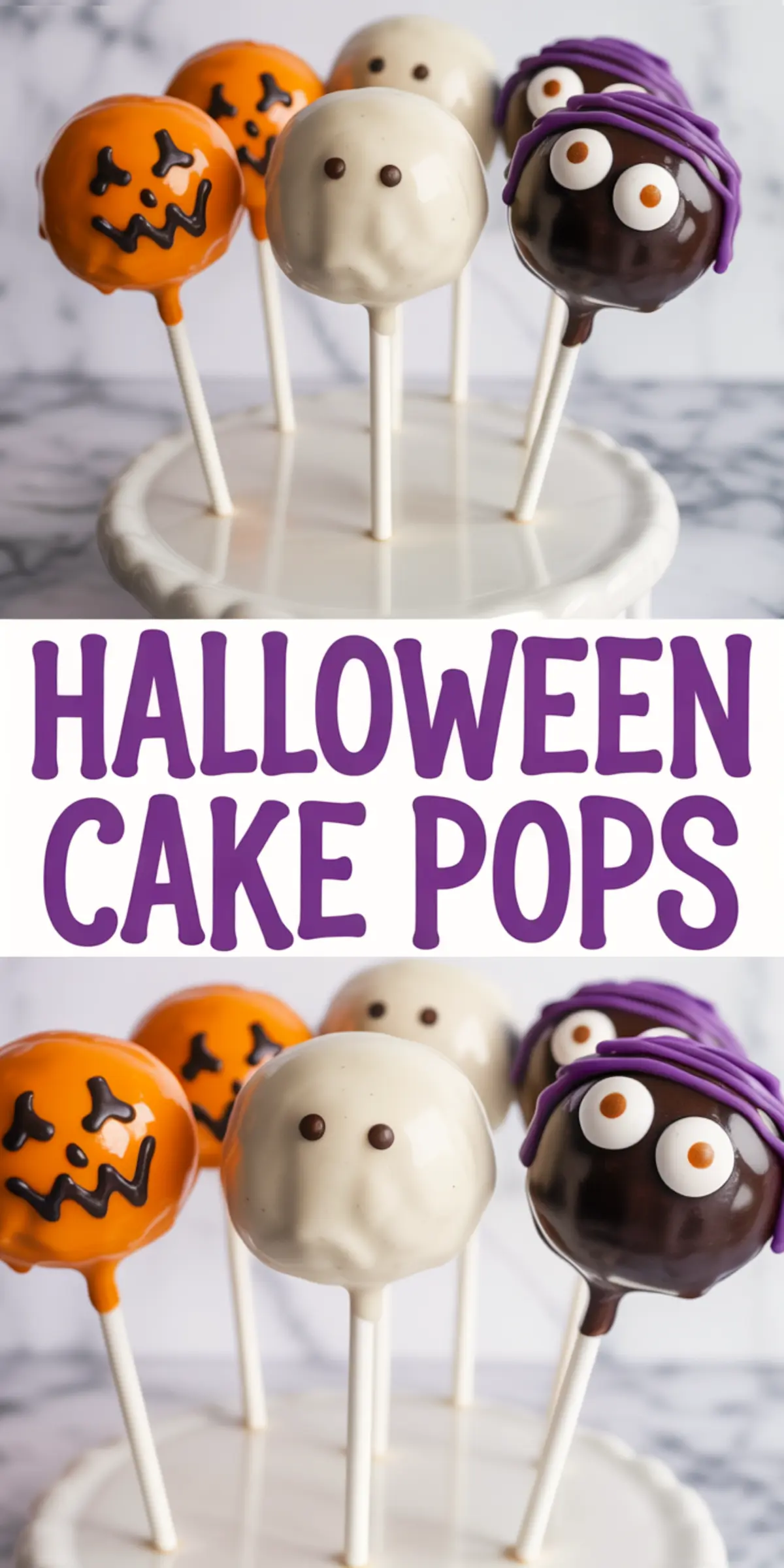 Styled collage showing festive Halloween cake pops featuring orange pumpkin faces, white ghost pops, and chocolate mummy designs with “Halloween Cake Pops” text overlay in large purple font.
