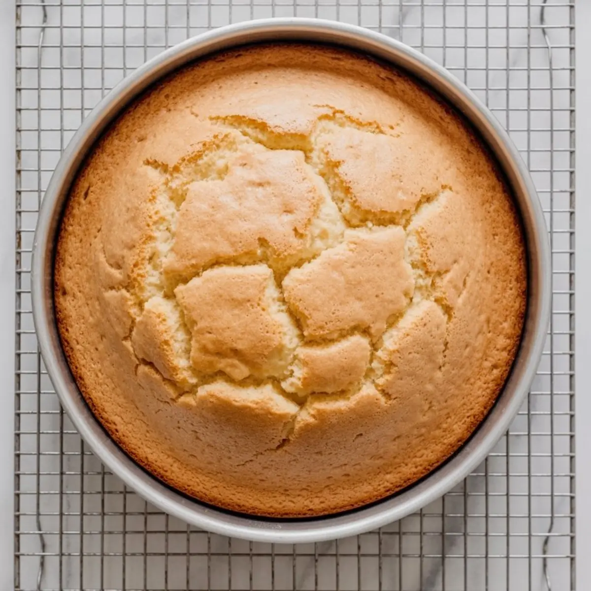 Golden vanilla cake in a round pan cooling on a wire rack with a cracked surface indicating it’s freshly baked.
