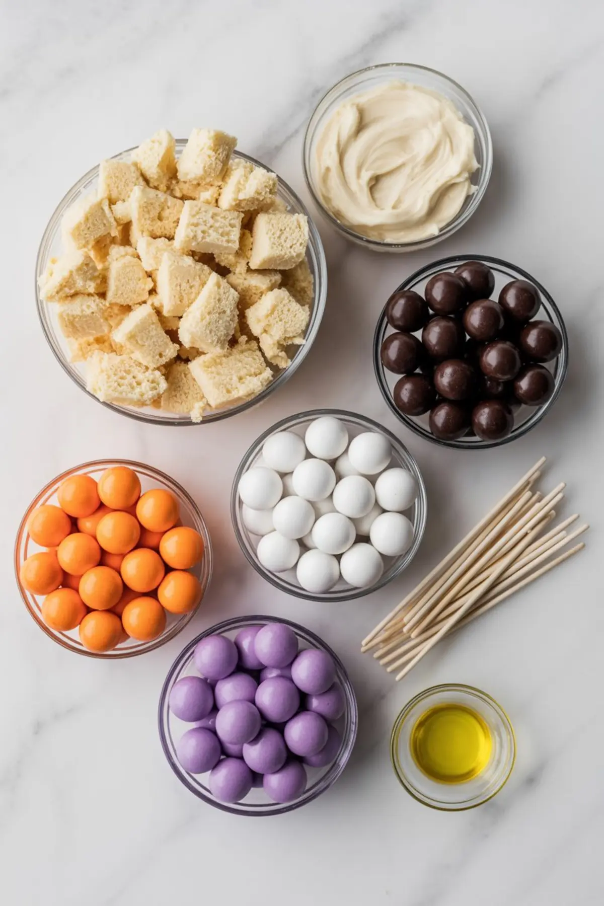 Glass bowls on a marble surface filled with cake pop ingredients including cubed vanilla cake, white frosting, candy coating balls in orange, white, purple, and chocolate, along with lollipop sticks and a small dish of oil.
